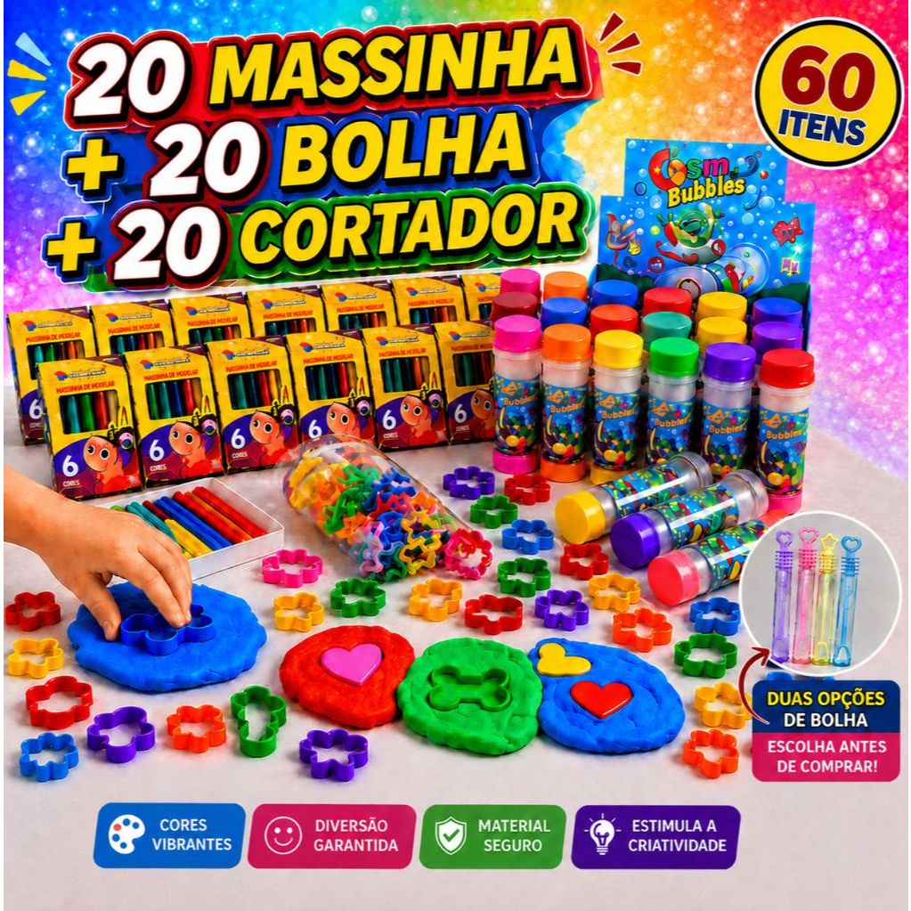 Kit 20 Cx Massinha de Modelar + 20 Bolha de Sabão + 20 Cortador Molde Festa Lembrancinha Infantil