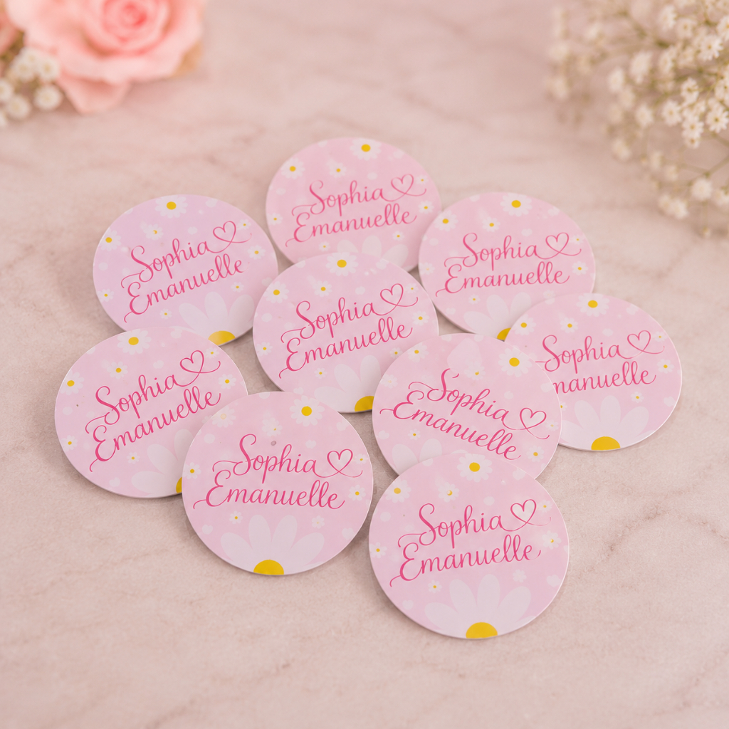 Adesivos Personalizados Margarida Rosa 5x5cm para Lembrancinhas Festa Aniversário