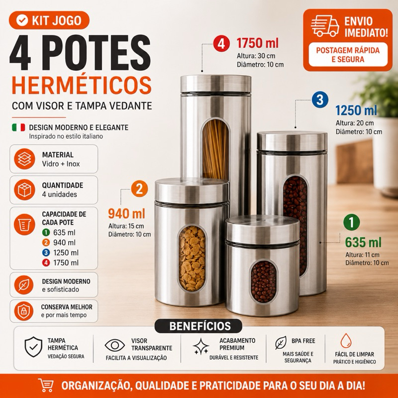 Kit 4 Potes Herméticos Inox Vidro com Visor - Pote Mantimento Vidro Inox Arroz Feijao Açúcar Café
