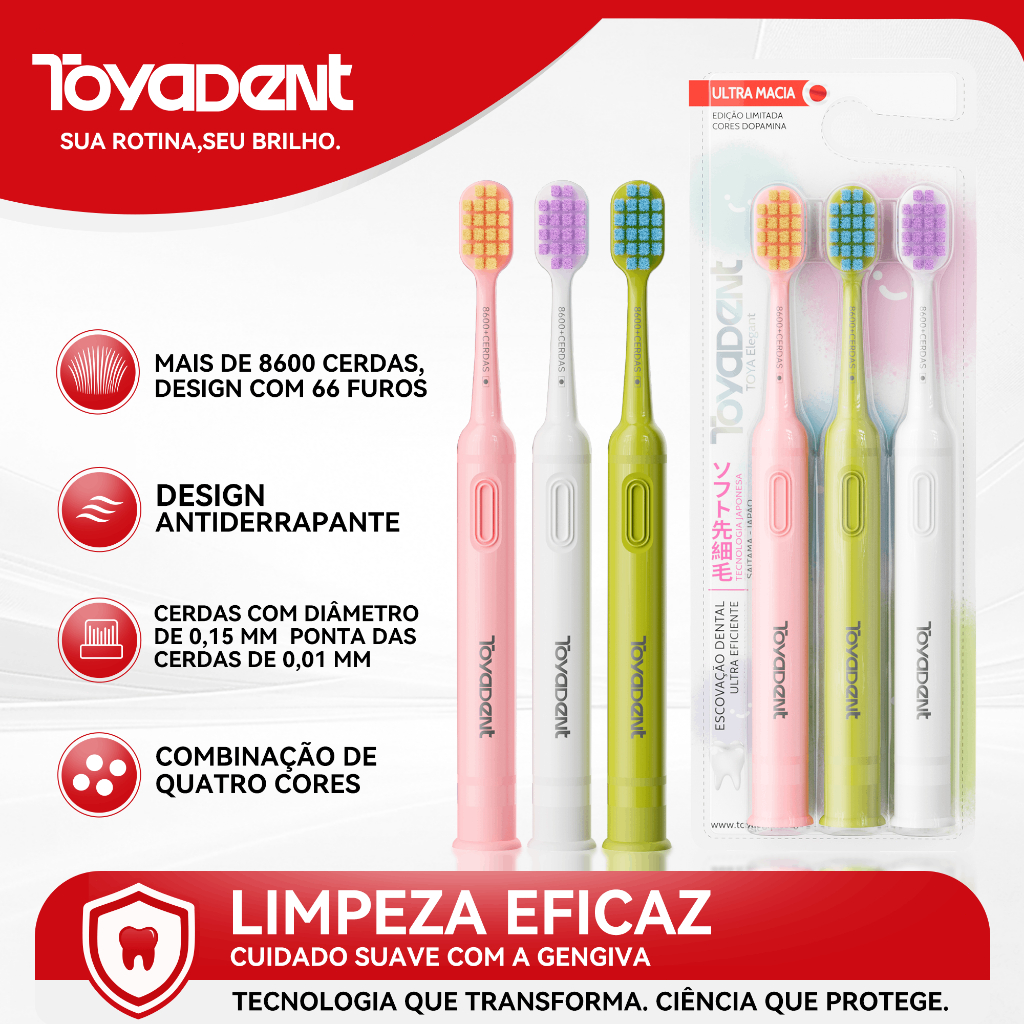 TOYADENT Escova Dental 8600+ Cerdas Macias,Dupla Face com Raspador de Língua+Base Ventosa