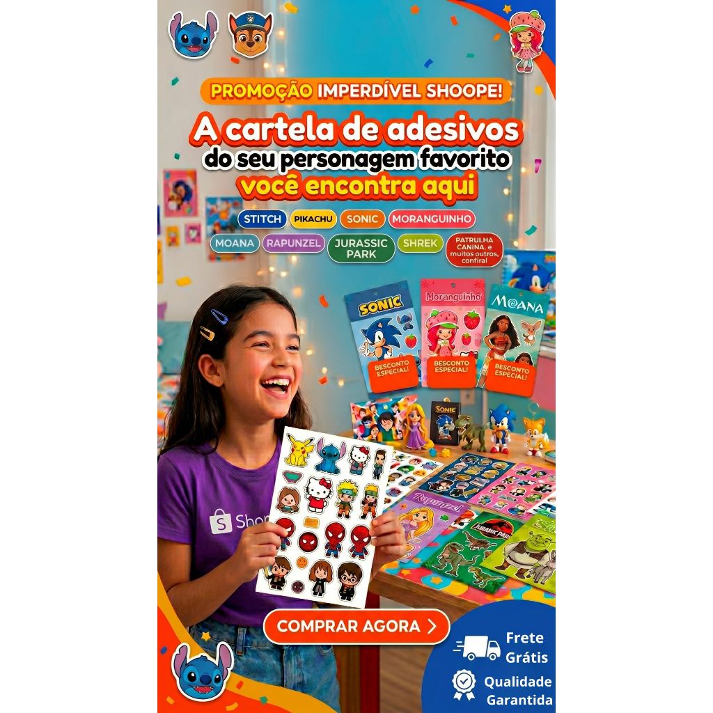 Cartela Adesivos Lilo Stich/Rapunzel/Divertidamente/Sonic/Jurrasic Park/Moranguinho/patrulha canina/Moana
