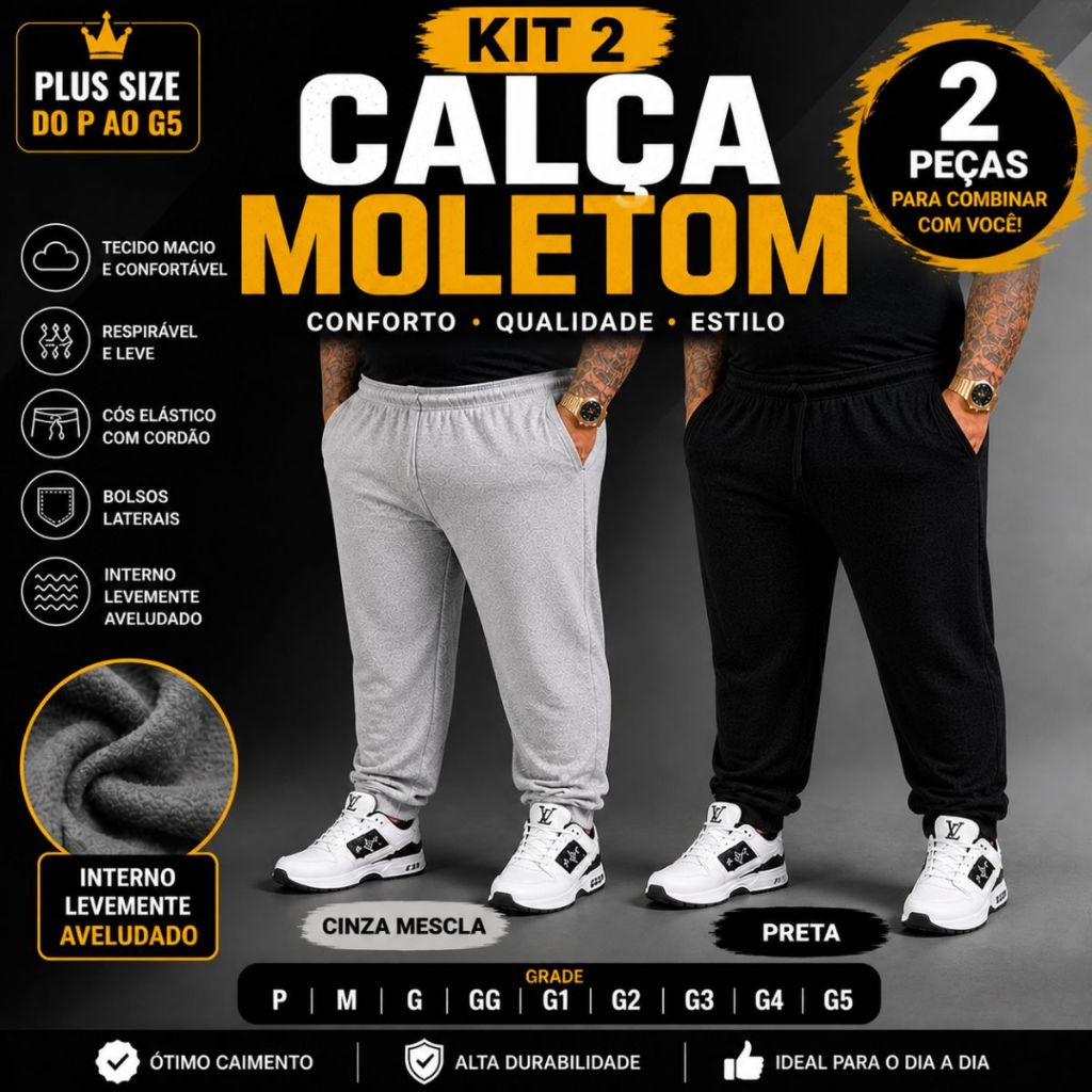 KIT 2 CALÇAS MOLETOM MASCULINAS PLUS SIZE GG AO G5 2 BOLSOS AVELUDADA 50 ALGODÃO 50 POLIÉSTER