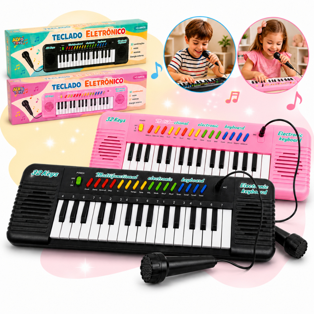 Teclado Piano Infantil com Microfone Brinquedo Musical 32 teclas meninos e meninas Preto e Rosa