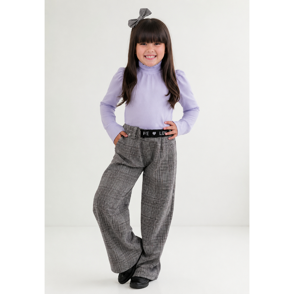 Conjunto Inverno Xadrez  Blusa Manga Longa Pochete Calça Wid Leg Xadrez Festa Country Junina