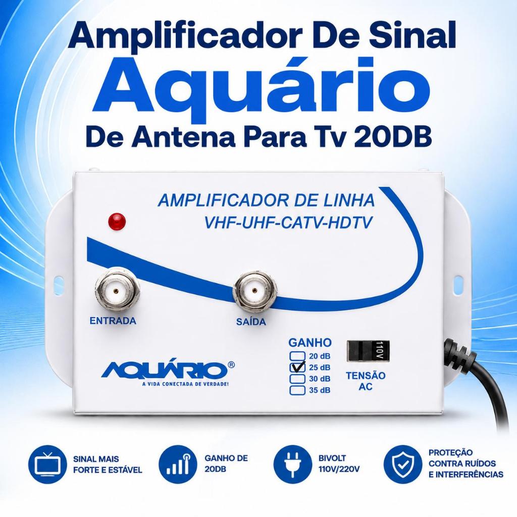 Amplificador De Sinal Aquário 20DB Para Antena TV Digital HDTV VHF UHF Bivolt
