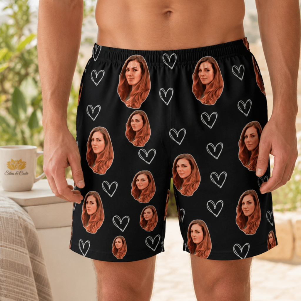 Samba-Canção Pijama com Foto Shorts Masculino Estampa Rosto e Coração Vazado
