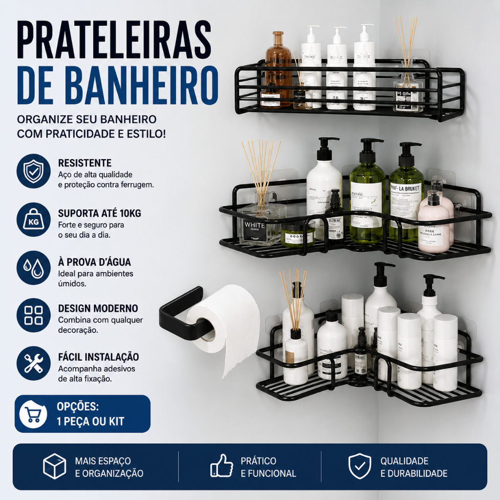 Prateleiras De Banheiro Suporte De Shampoo Organizador Sem Furo Reto e Canto 1/3/4/7 PEÇAS