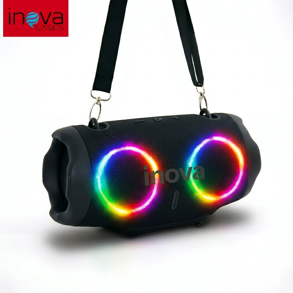 Inova Caixa de Som Bluetooth Portátil Boombox Grave Forte Bivolt 10W Rms Efeitos de iluminação RGB IPX6 festas