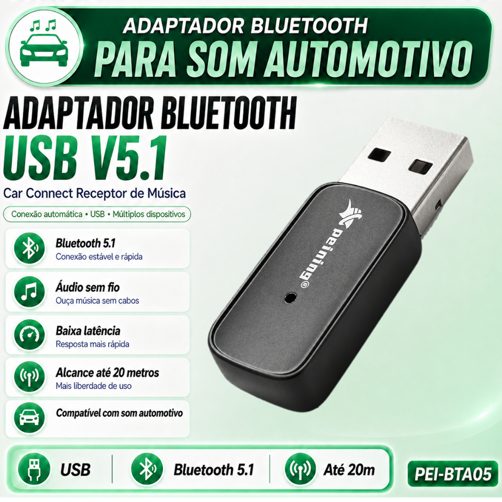 Adaptador Bluetooth Som Automotivo USB V5.1 Peining PEI-BTA04 Receptor de Música Car Connect