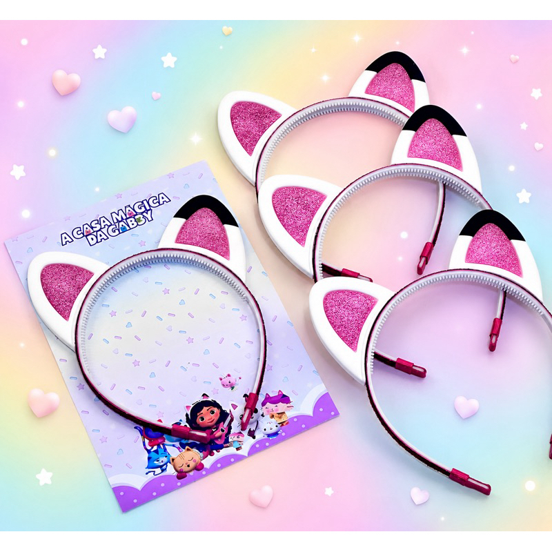 Tiara Infantil Gabby Casa Magica Orelha Gatinho Glitter Aplique Emborrachado Festa Fantasia Menina