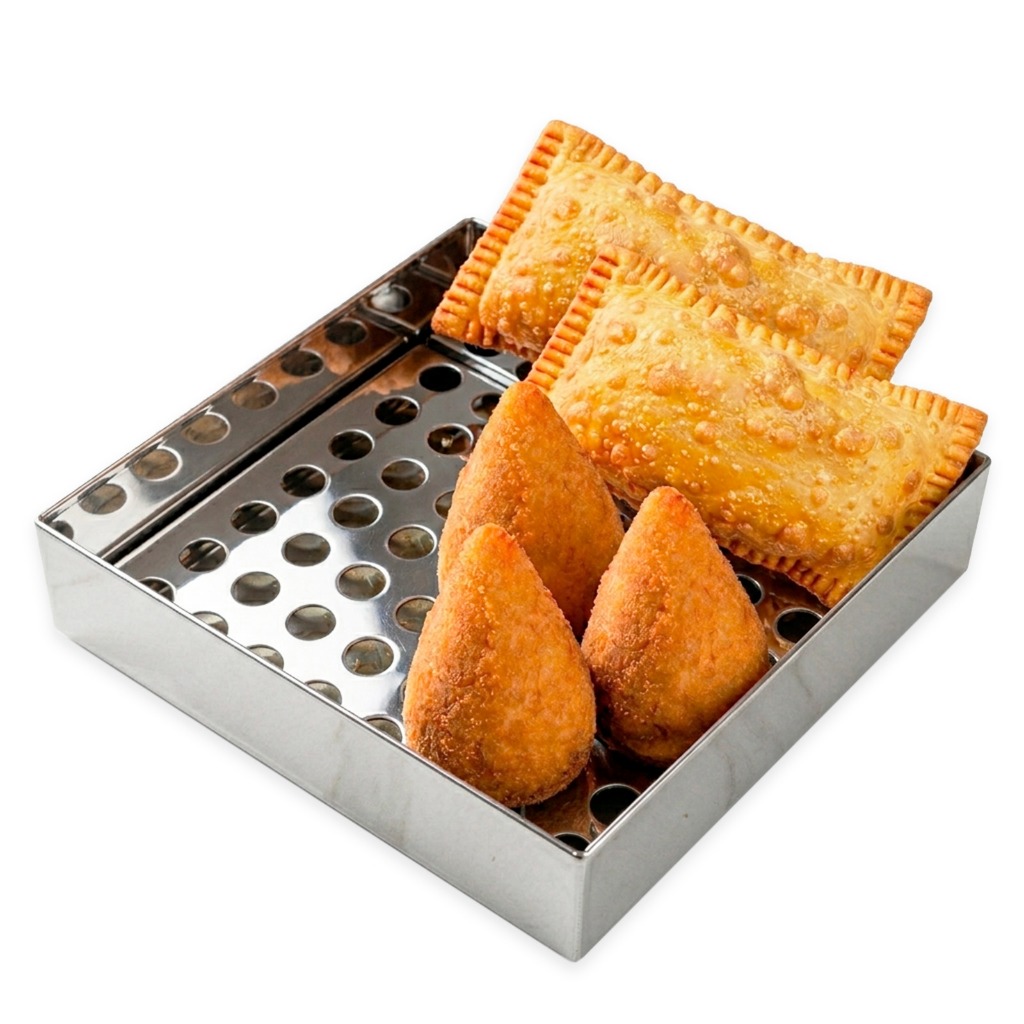 ESCORREDOR TELA MOEDA PASTEL SALGADOS COXINHA 40x40cm EM INOX