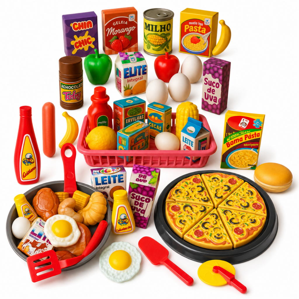 Kit Brinquedo Cozinha Infantil Mercadinho Pizza Comidinha Panelinha Frutas Menina 40 Peças Presente