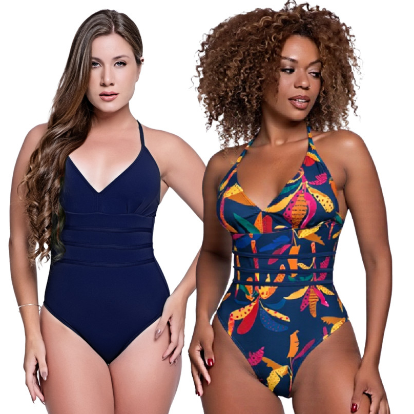 Kit Maiô Modelador Chapa Barriga Liso e Estampado Com Bojo Removível Moda Praia