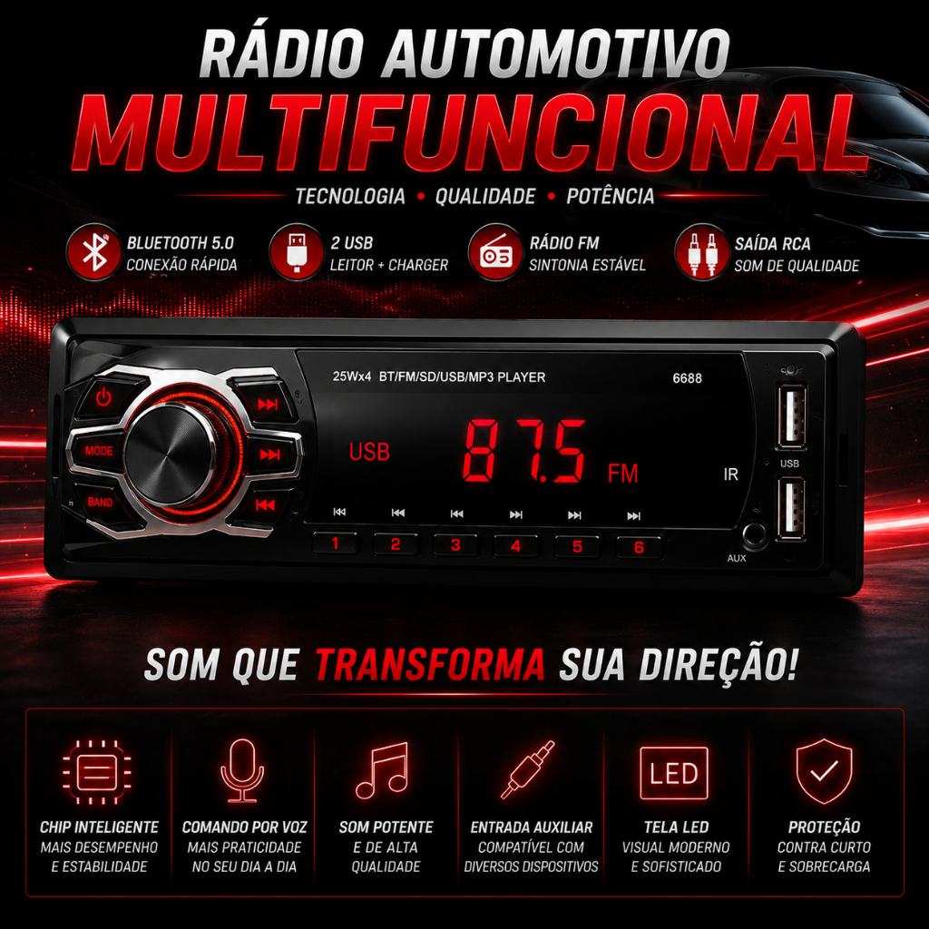 Som Automotivo Rádio Carro Pendrive 2 USB Bluetooth Cartão SD RCA Aceita Controle Longa Distância