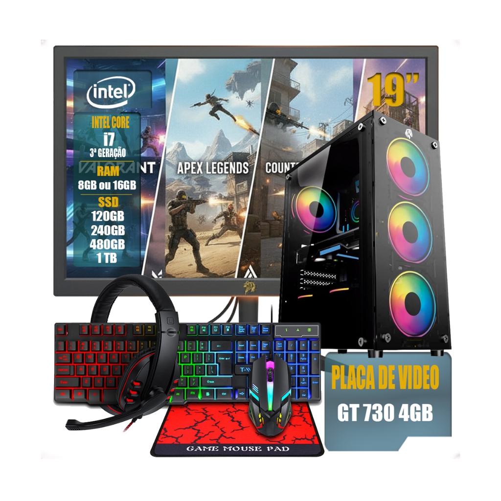 PC Gamer Completo Intel Core i7 + Placa Vídeo GT 730 4GB + Monitor 19" + Kit Gamer RGB SSD 8GB/16GB RAM