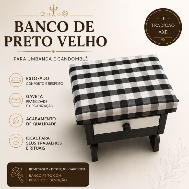 Banco de Preto Velho em Madeira Artesanal - Com estofado e gaveta