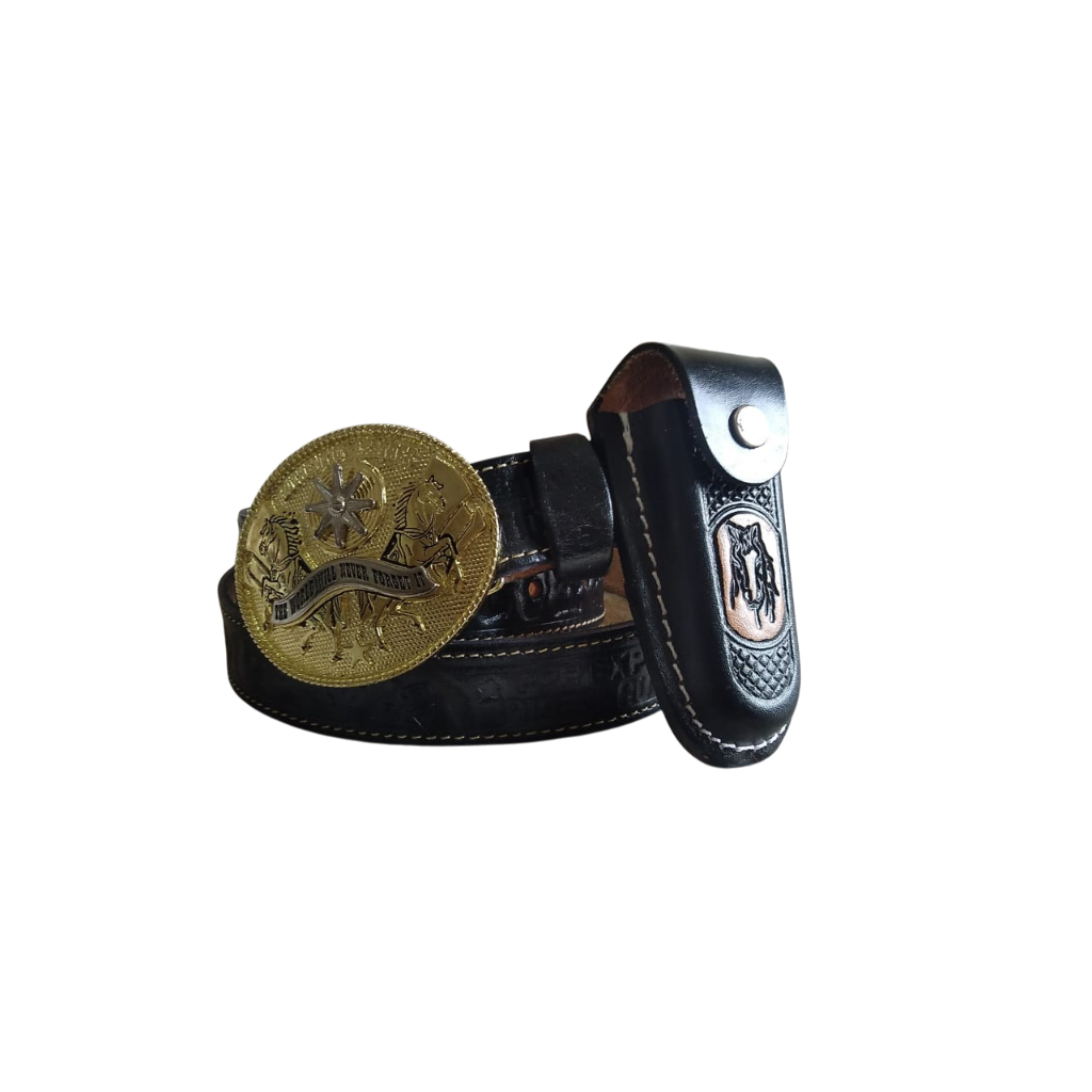 Cinto Country Grosso mais bainha para canivete em Couro Preto e Marrom Fivela Oval Cavalo Completo Unissex
