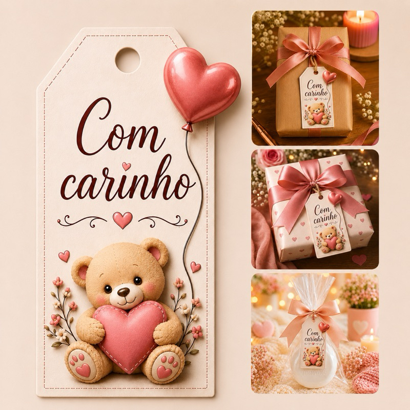 Tag para Presente “Com Carinho” 4x7cm - Tag para Embalagem