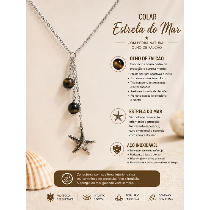 Colar Feminino Aço Inox Antialérgico Pedra Natural, Pingente Estrela do Mar 45cm — imagem 2 de 2