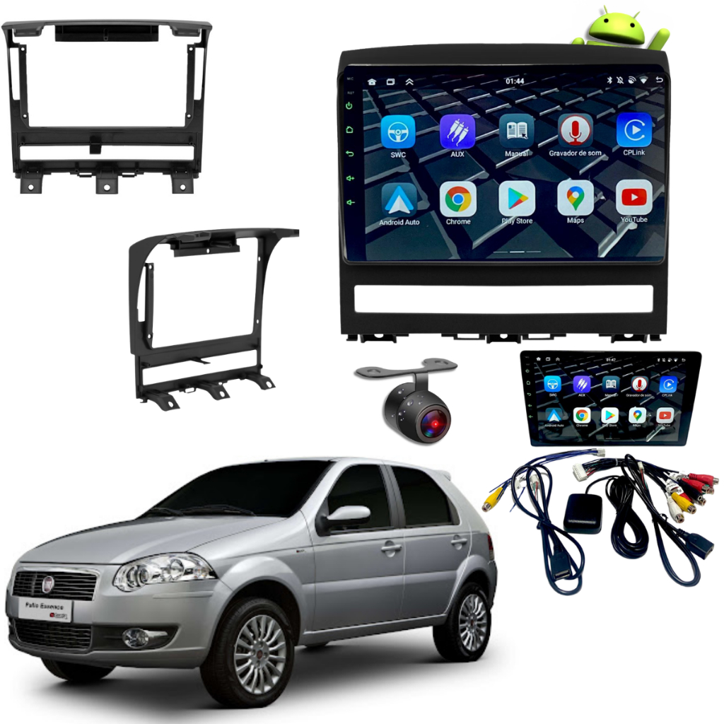 Aparelho de Som Central Multimídia Android Fiat Palio Weekend Siena Strada Ideia 9"Polegadas Com Moldura E Câmera De Ré