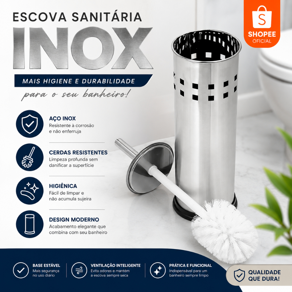 Escova Sanitária Inox Powermaid Aço Inoxidável Acabamento Espelhado