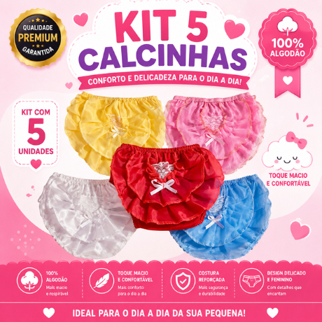 Calcinha Tapa Fralda Bunda Rica Bebê Babado Tapa Bumbum 5 Peças