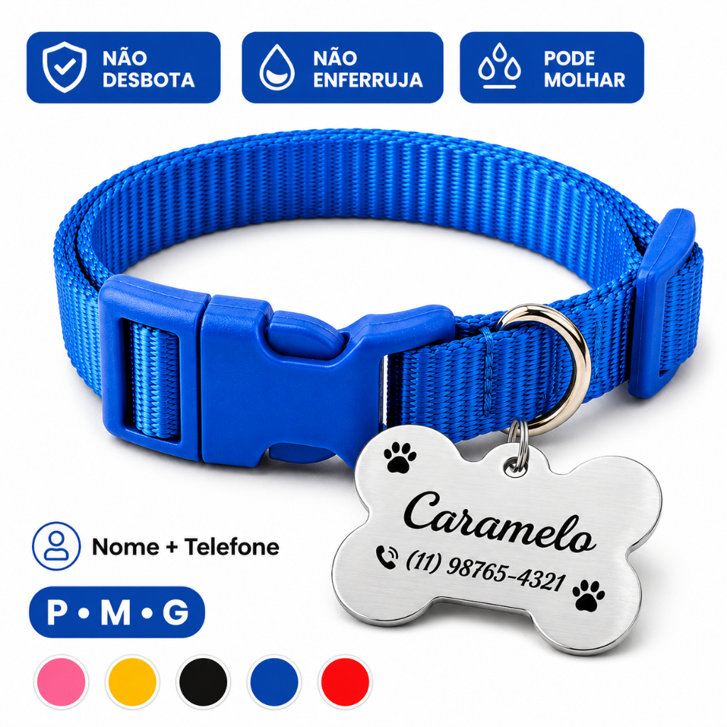 Coleira Pet Ajustável com Tag de Identificação Aço Inox Gravada a Laser