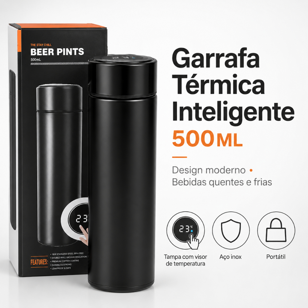 Garrafa Térmica Inteligente 500ml Inox com Visor LED de Temperatura Bebidas Quentes e Frias