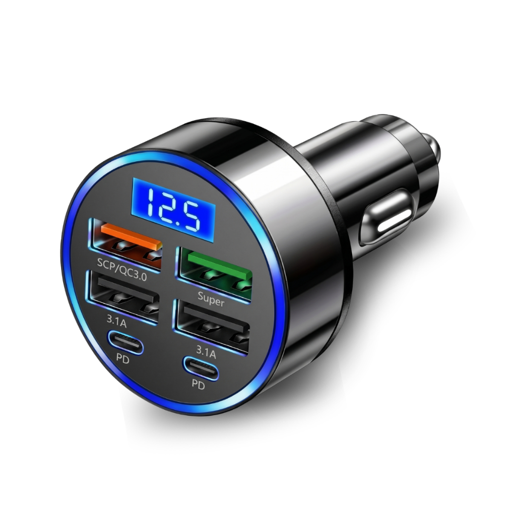 Adaptador Carregador De Carro Turbo 250W 12v Para 6 Portas Carga Rápida Turbo 4 usb 2.0e  2 usb C