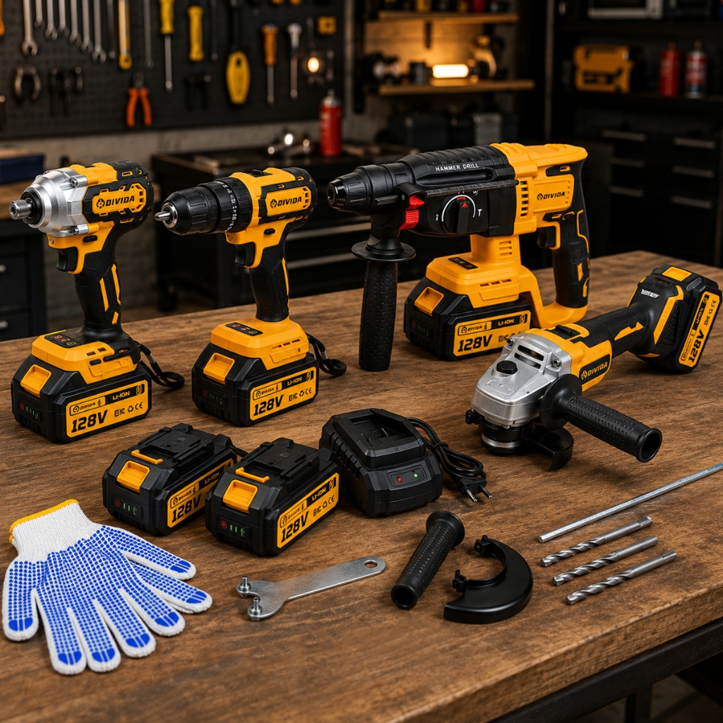 Kit Ferramentas Elétricas 48V 4 Peças Profissional Parafusadeira Martelete Esmerilhadeira Sem Fio