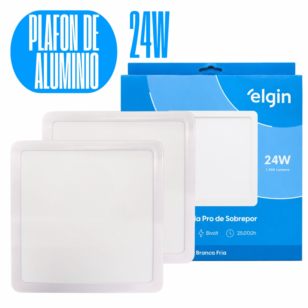 Kit 2 Luminária Painel Plafon Pro ALUMINIO Sobrepor Quadrado Led 24w 28,5x28,5 Bivolt - ELGIN