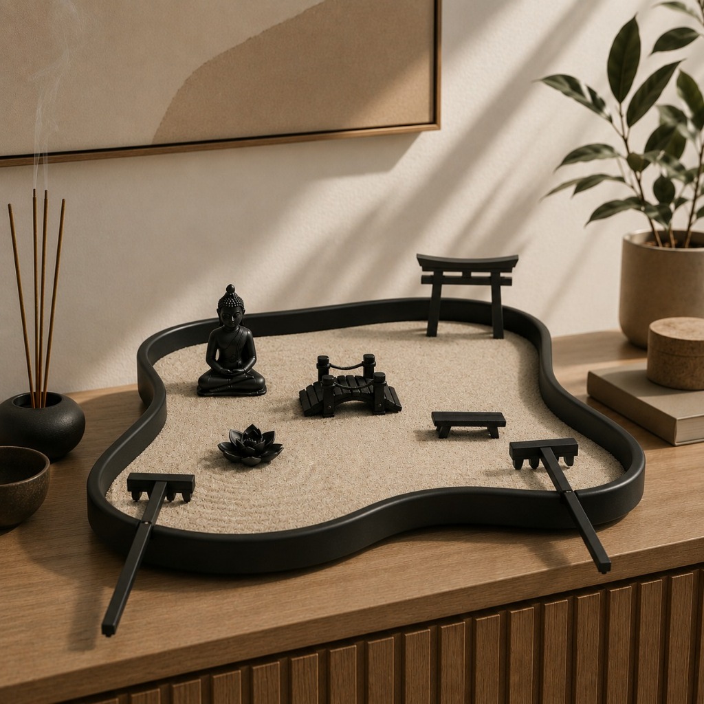 Jardim Zen orgânico Gigante Completo Japonês I  Jardim com Areia Buda Ponte Torii banco rastelos Decoração Zen Feng Shui