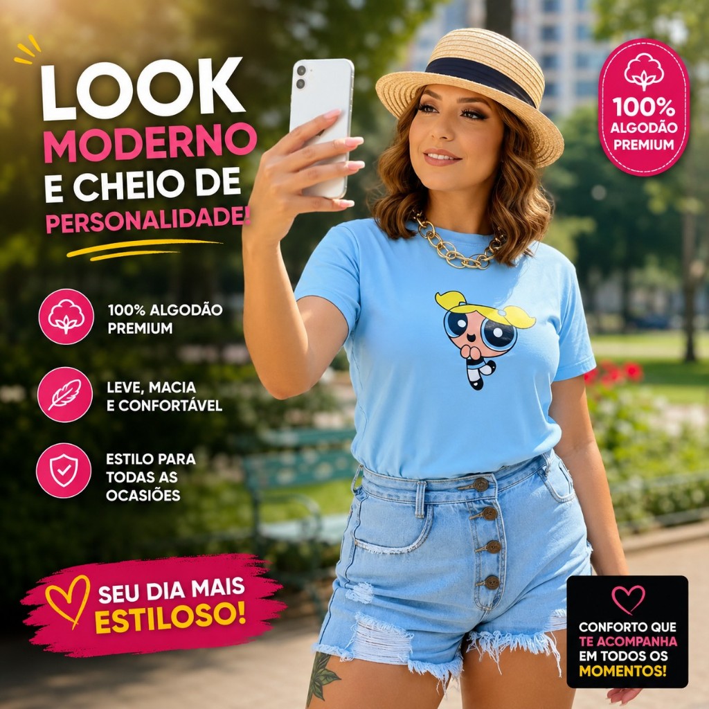 Camiseta Feminina Menina T-shirt Lindinha das meninas super poderosas na cor Azul