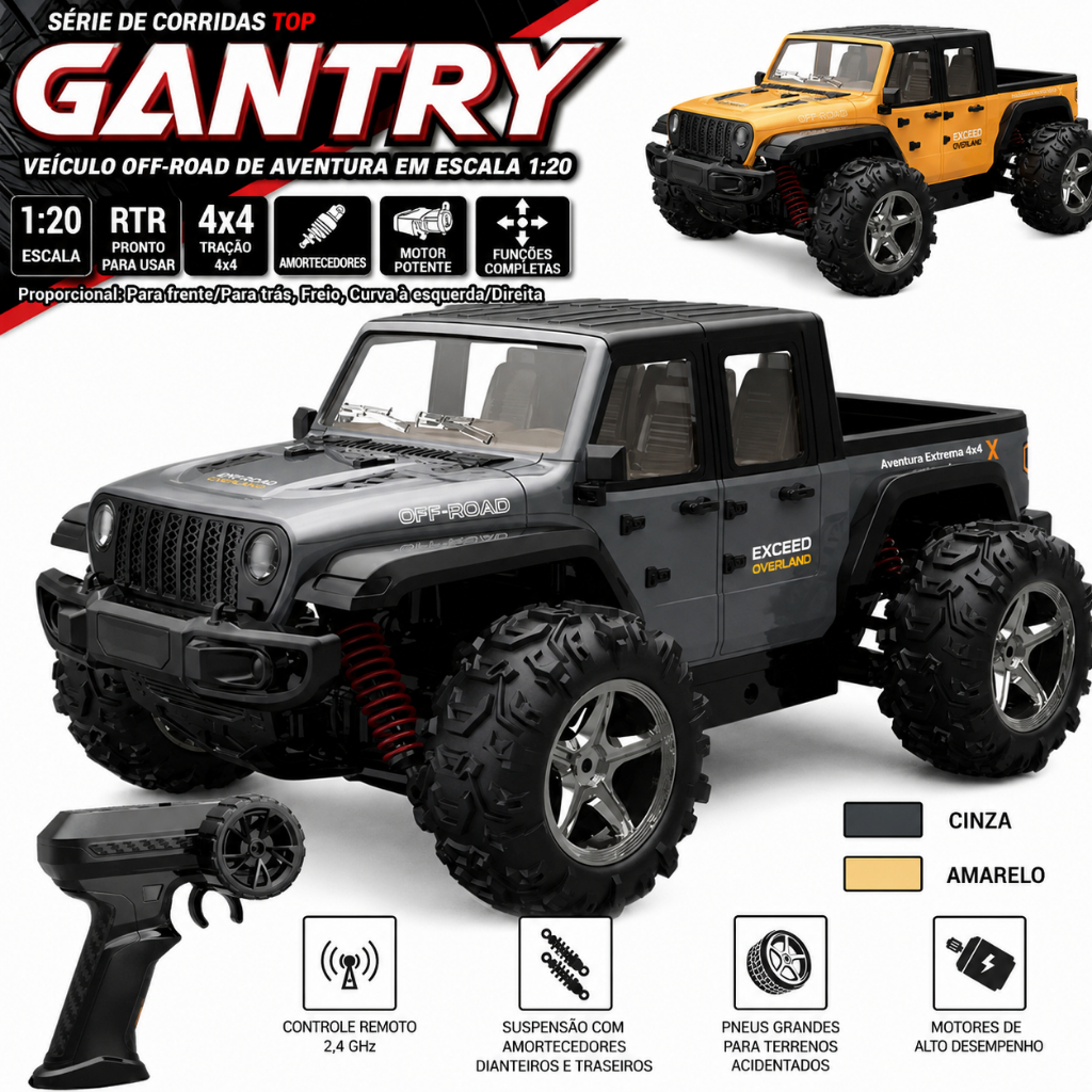 Carro Controle Remoto 4x4 Alta Velocidade 35km/h Off-Road 2.4G com Luz LED Brinquedo RC Profissional
