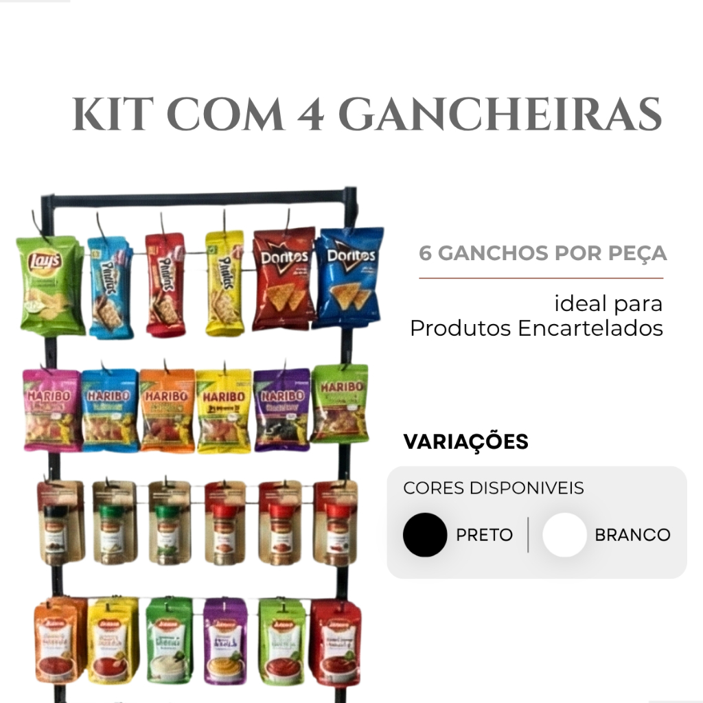 Kit 4 Gancheira Display Encartelado 6 Ganchos - Organizador de Loja Expositor