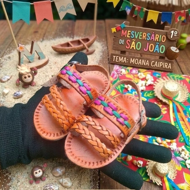 Sandália Percata chinelo Couro bebê infantil  Moana aniversário Couro
