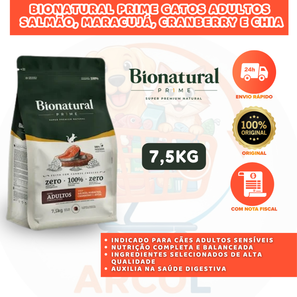 RAÇÃO BIONATURAL PRIME GATO CASTRADO 7,5KG SALMÃO MARACUJÁ CRANBERRY E CHIA COMPLETA