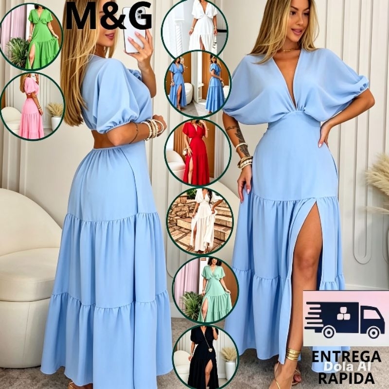 VESTIDO FEMININO LONGO COM CAMADAS E FENDAL LATERAL - MODA FEMININA 2026 -BORBOLETA MODA CASUAL