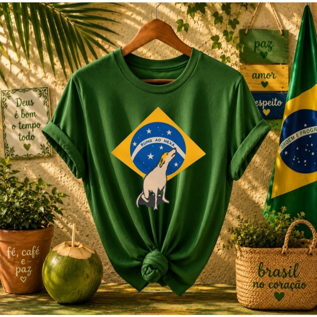 Blusa Feminina Brasil Camiseta Slim Rumo ao Hexa Caramelo Copa do Mundo Brasileira 100% Algodão Top