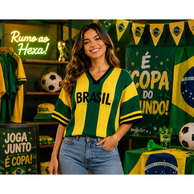 Blusa Feminina Brasil Tricot Oversized Manga Ampla Modal Copa 2026 Seleção Brasileira