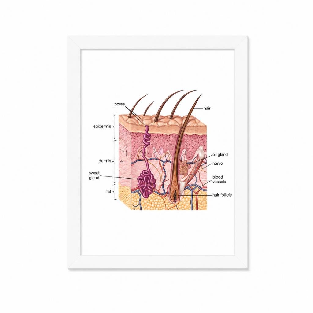 Quadro Decorativo Anatomia da Pele Decoração Consultório Médico Dermatologia Moldura 20x30cm Madeira