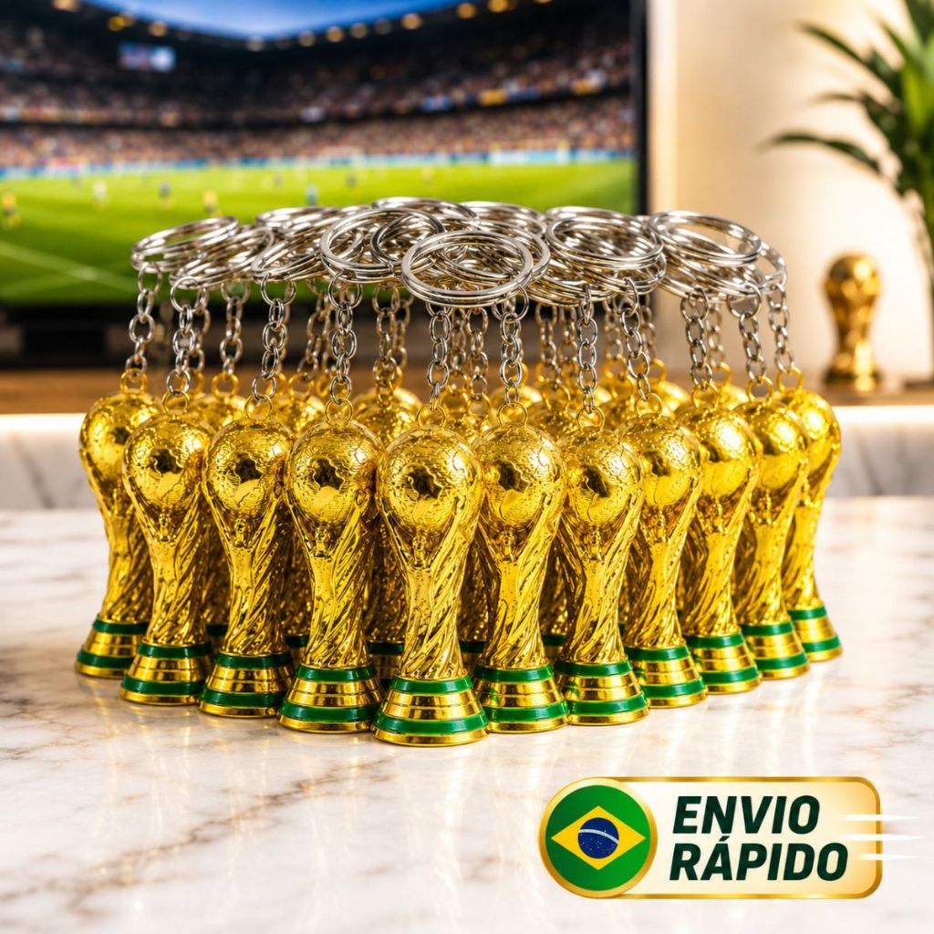 Kit 10 25 50 Chaveiros Taça Copa do Mundo 2026 ideal para brindes, Brasil Dourado Lembrancinha Festa