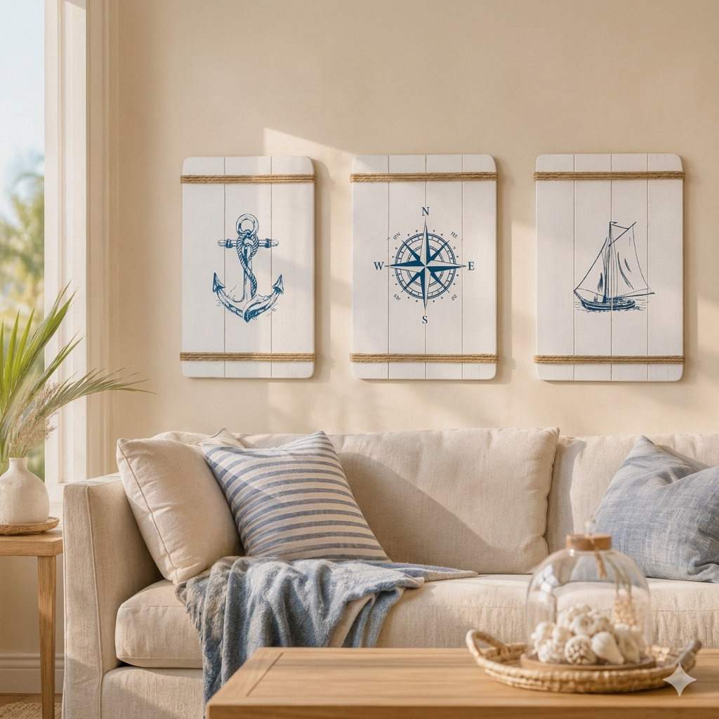 Kit 3 Quadros Decorativos Náutico Madeira Praia Mar Sala Quarto Âncora Bússola Veleiro