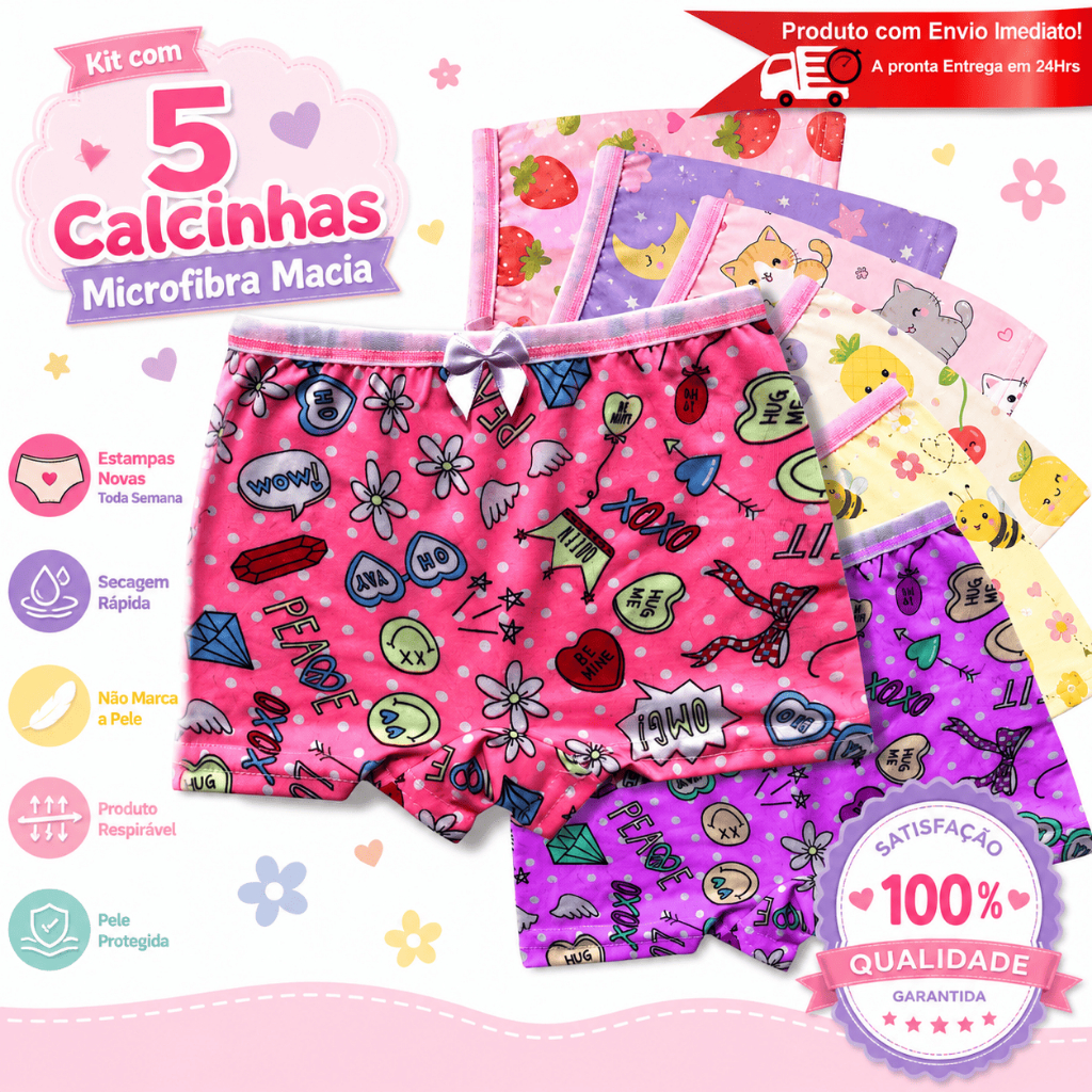 Kit Com 5 Calcinhas Infantil Menina Boxe Shortinho Microfibra Com Forro Algodão Estampada