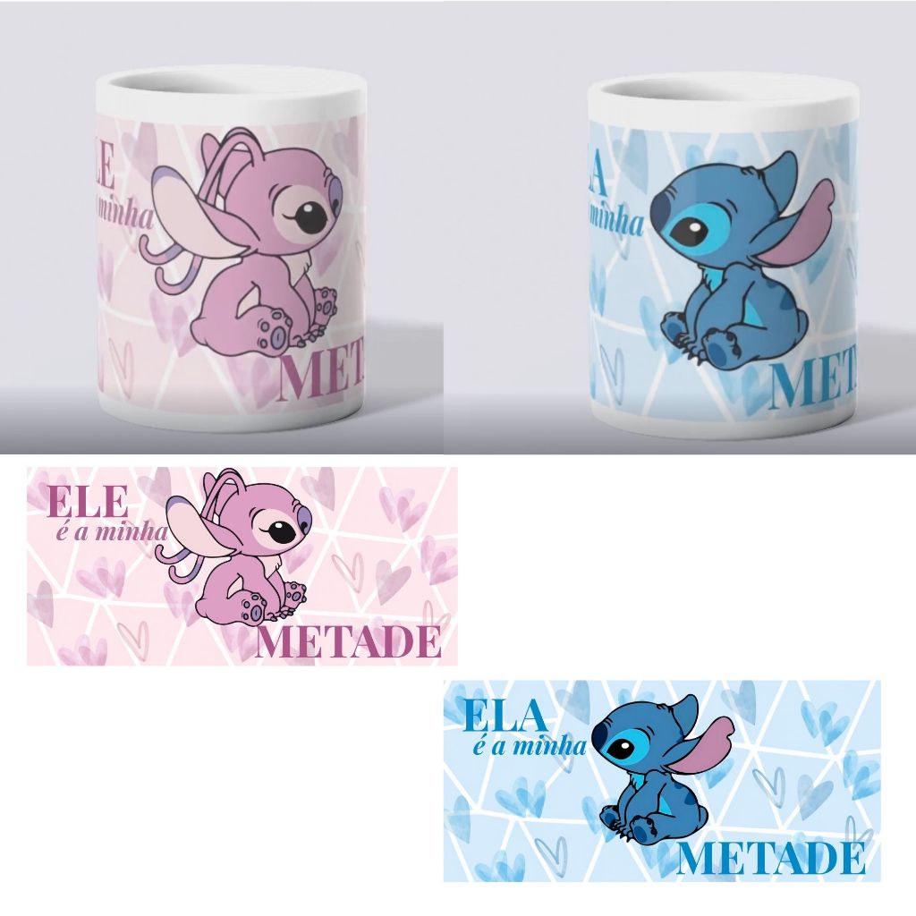Combo 2 Canecas Casal Stich e Angel Presente de Dia dos Namorados Combinando Casal Ela é minha metade Ele é minha matade