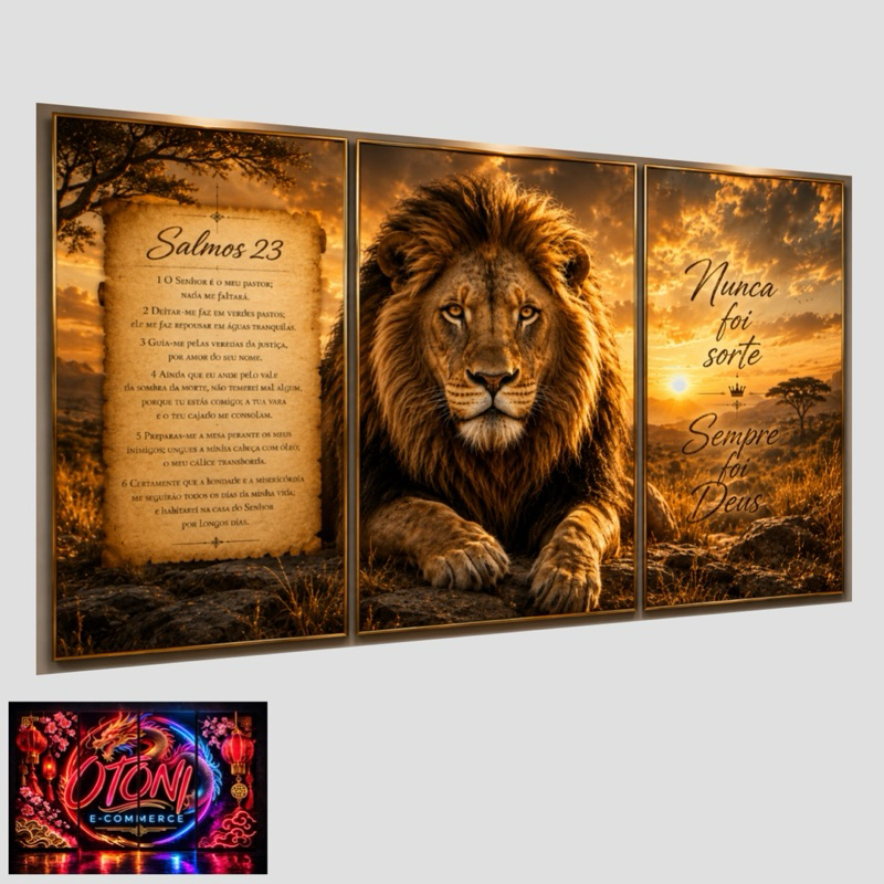 Quadro Decorativo Grande Leão De Judá Religioso Nunca Foi Sorte Sempre Foi Deus Salmo 23 3 Peças 122x60