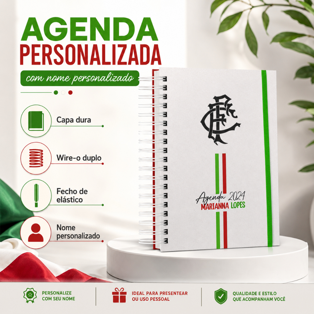 Agenda Personalizada Fluminense Capa Dura Wire-O 22x16cm Premium 120 Folhas