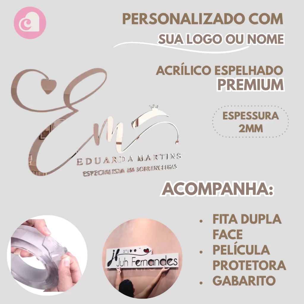 Detalhes do Logo Letreiro logomarca em acrílico espelhado