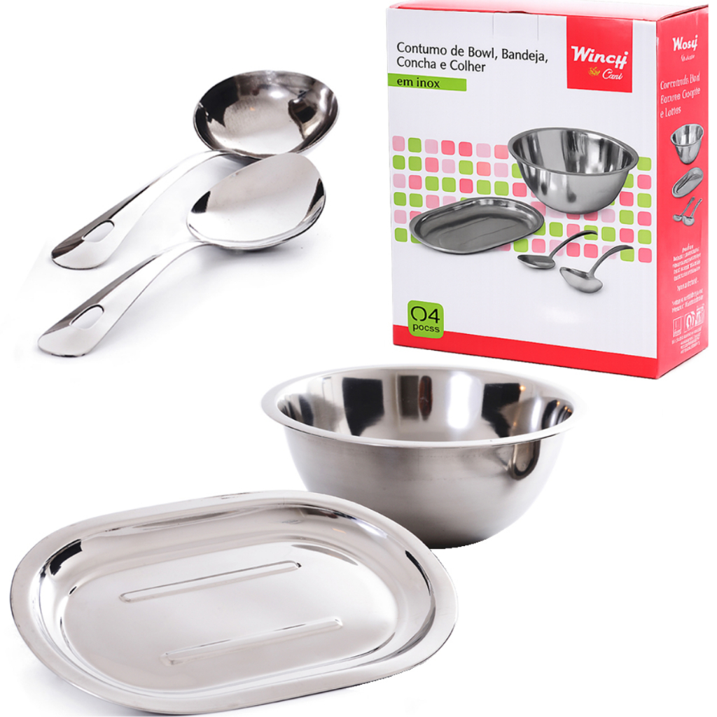 CONJUNTO DE INOX COM TIGELA SALADEIRA REDONDA BOWL + BANDEJA TRAVESSA OVAL + CONCHA E COLHER