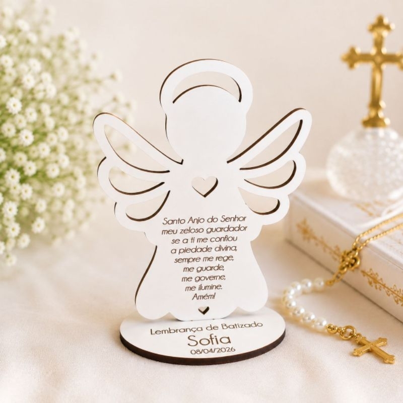 Kit 20 Lembrancinhas De Batizado Anjinho MDF Com Oração Santo Anjo Personalizada - Batismo Eucaristia Crisma